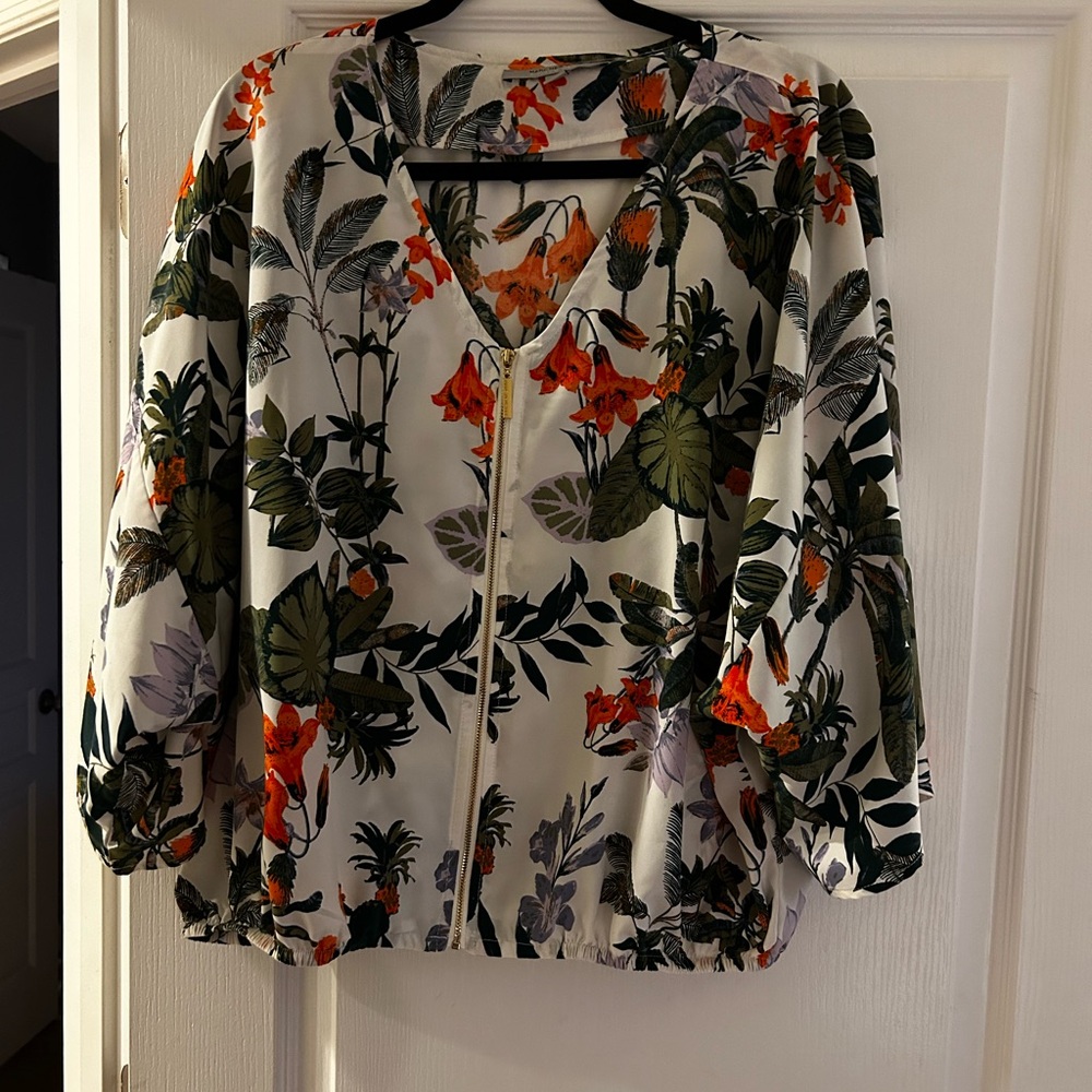 Women’s Floral Zip-Front Hoodie - White with Orange & Green